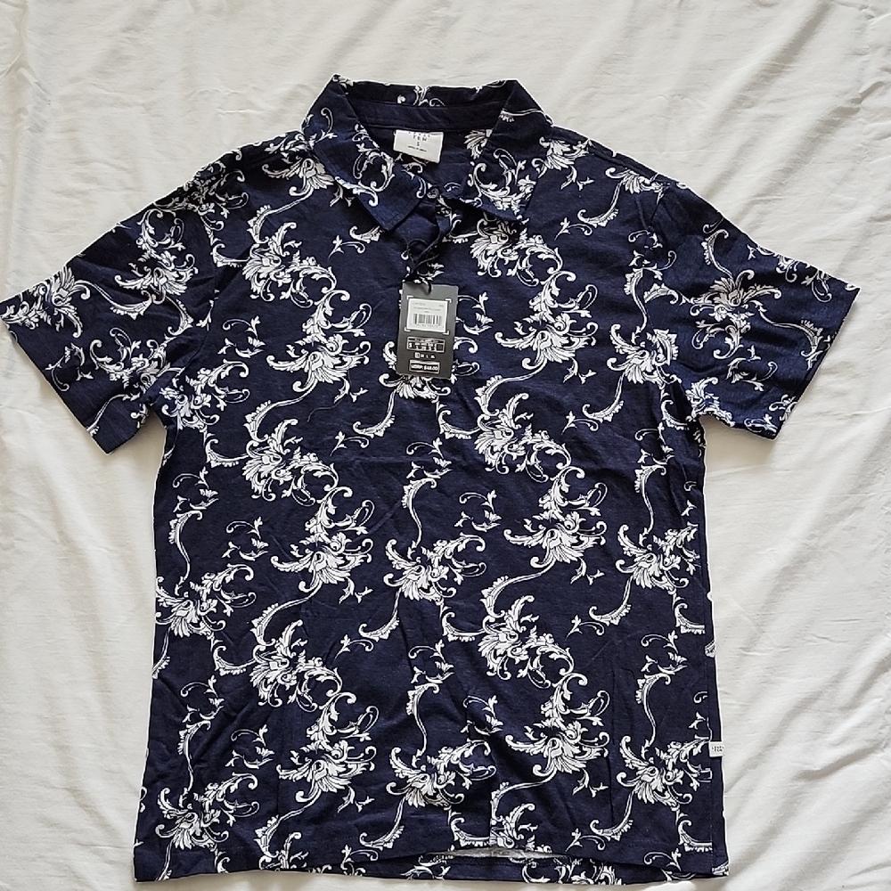 Elegant Navy Floral Men's Knit Polo Shirt